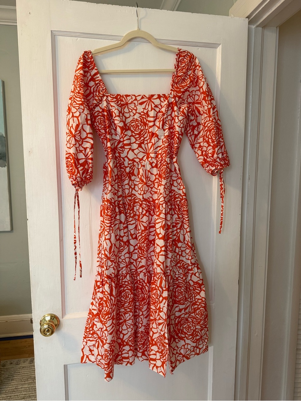 Amanda Uprichard Orange and White Floral Square-Neck Midi Dress